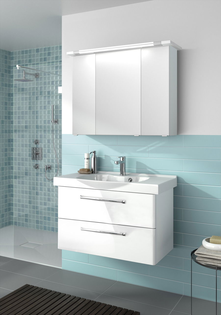 Pelipal Badblock 92cm TRENTINO Moderner weißer Badblock mit Spiegelschrank und Waschbecken, seitliche Perspektive