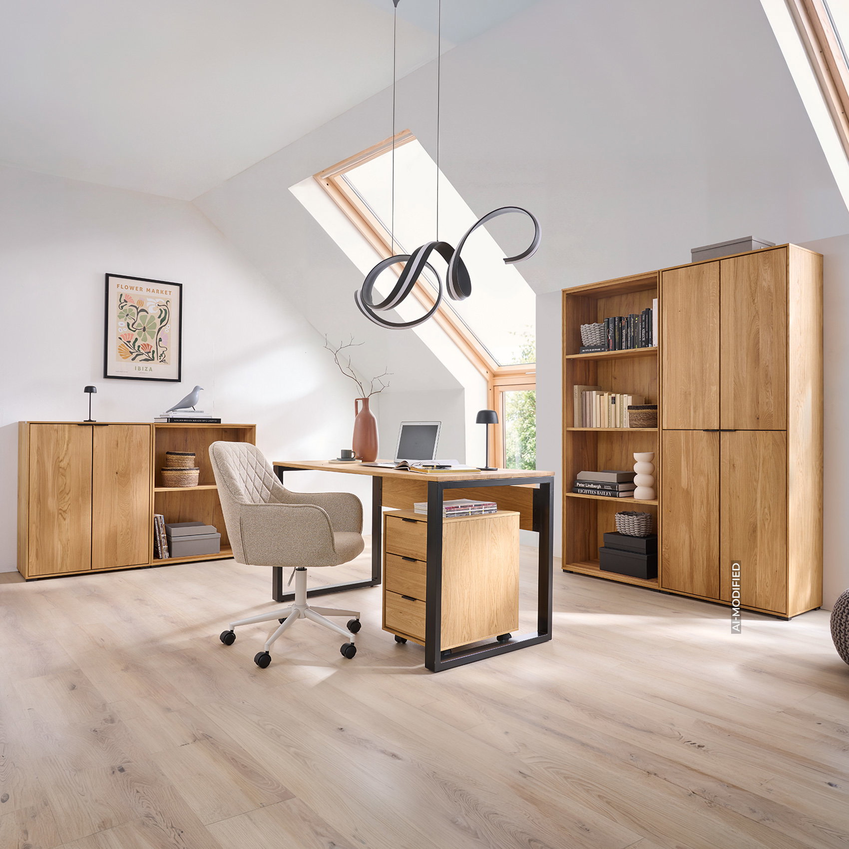 Lichtdurchflutetes Büro mit hohen Decken und Dachfenstern, modernen Holzmöbeln und einem Schreibtisch in der Mitte.