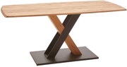 Moderner Esstisch mit Holzplatte und gekreuztem Metallgestell, seitliche Perspektive