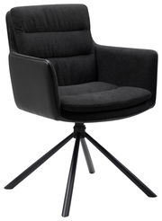 Moderner schwarzer Armlehnstuhl mit gepolstertem Sitz und Rückenlehne, seitliche Perspektive