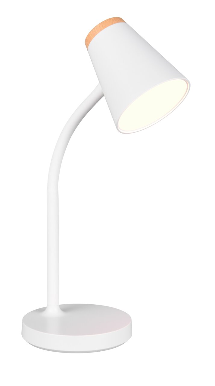 Reality Leuchten Tischleuchte PONGO Moderne weiße Tischleuchte mit Holzdetail, seitliche Perspektive