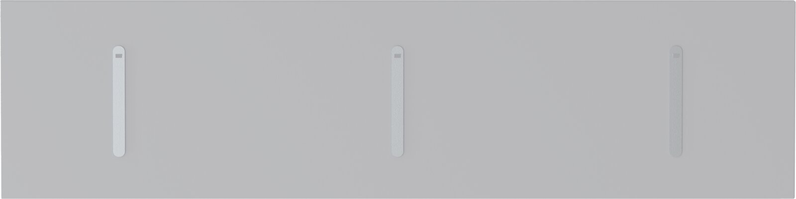 Draufsicht auf eine Klapphakenleiste mit drei Haken in gleichmäßigem Abstand auf einer grauen Oberfläche.