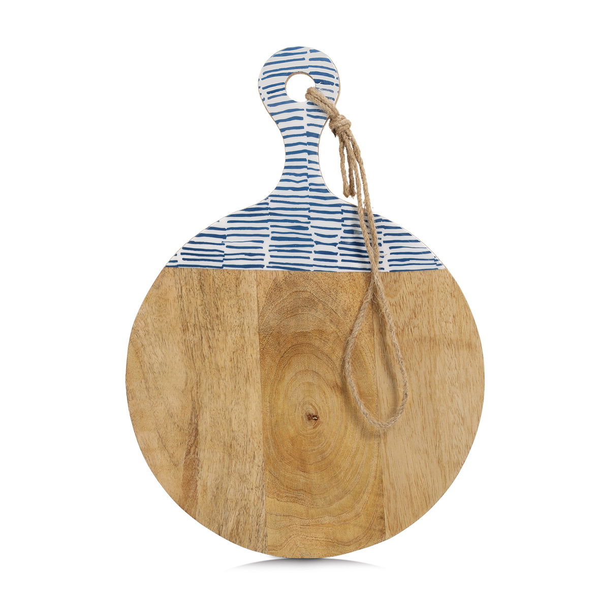 Rundes Schneide- und Servierbrett aus Mangoholz mit blau-weißem Muster am Griff, Vorderansicht.