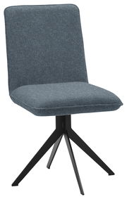 Moderner Stuhl mit grauem Stoffbezug und schwarzem Metallgestell, seitliche Perspektive