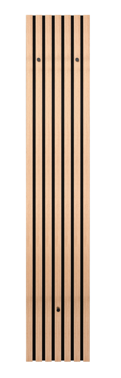 Schmale Wandgarderobe aus Holz mit schwarzen vertikalen Streifen, Frontalansicht
