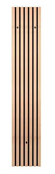 Schmale Wandgarderobe aus Holz mit schwarzen vertikalen Streifen, Frontalansicht