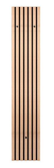 Schmale Wandgarderobe aus Holz mit schwarzen vertikalen Streifen, Frontalansicht