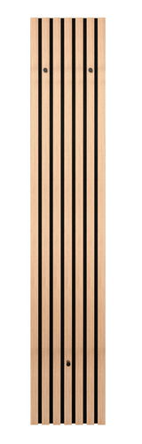 Schmale Wandgarderobe aus Holz mit schwarzen vertikalen Streifen, Frontalansicht