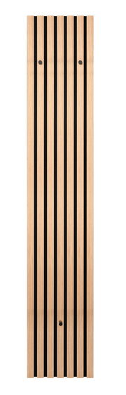 Schmale Wandgarderobe aus Holz mit schwarzen vertikalen Streifen, Frontalansicht
