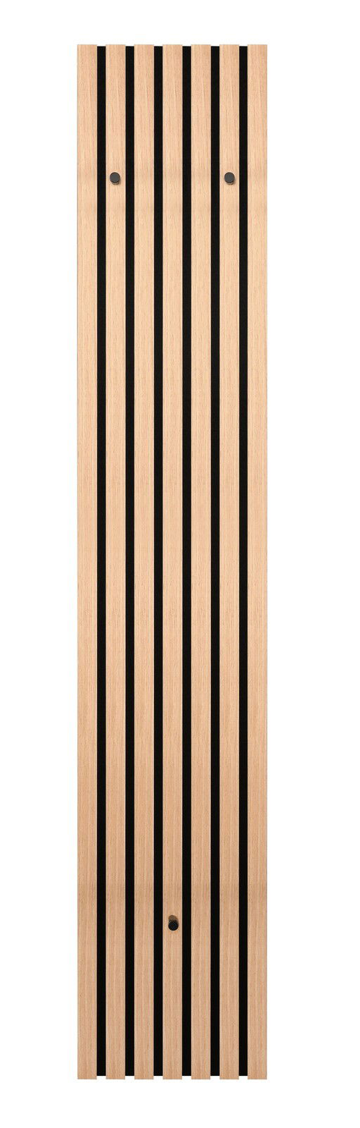 Schmale Wandgarderobe aus Holz mit schwarzen vertikalen Streifen, Frontalansicht