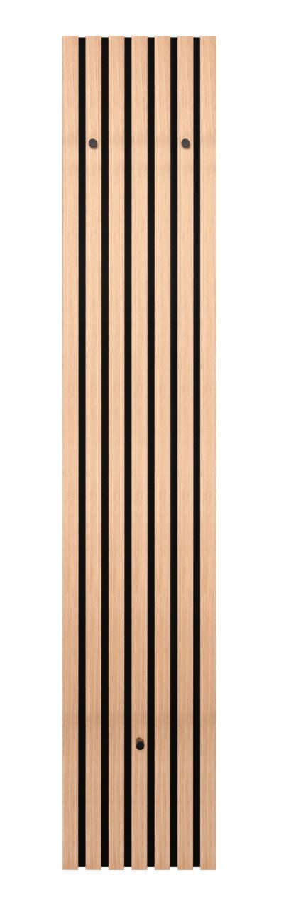 Schmale Wandgarderobe aus Holz mit schwarzen vertikalen Streifen, Frontalansicht