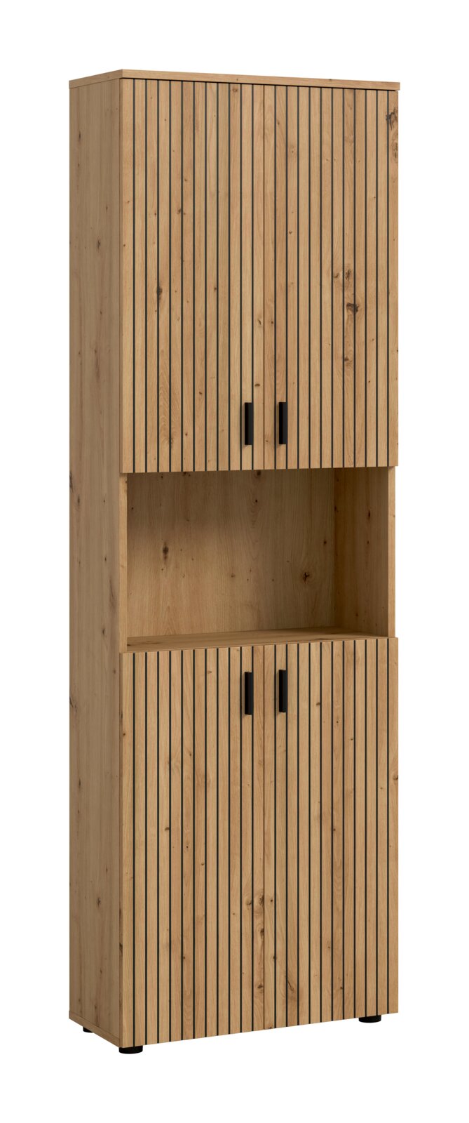 MID.YOU Badschrank MONE Hoher Holzschrank in Eiche-Optik mit vertikaler Lamellenfront, zwei Türen oben und unten, offenem Mittelregal und schwarzen Griffen, freigestellt vor weißem Hintergrund, Frontansicht mit leichter Perspektive von links