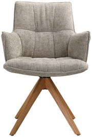 Moderner Sessel mit grauem Stoffbezug und Holzbeinen, Frontalansicht