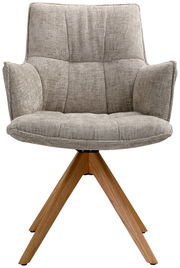 Moderner Sessel mit grauem Stoffbezug und Holzbeinen, Frontalansicht