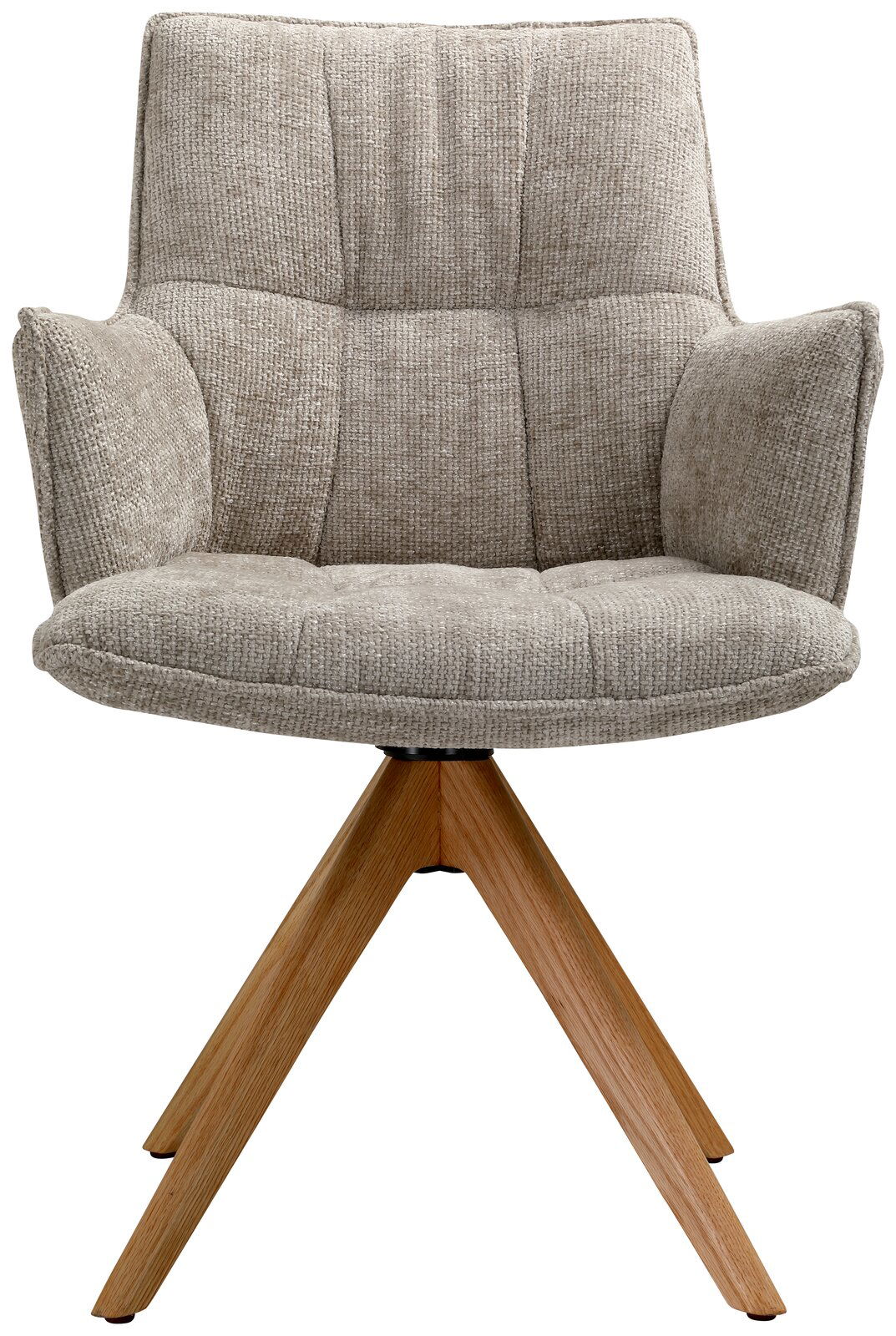 Moderner Sessel mit grauem Stoffbezug und Holzbeinen, Frontalansicht