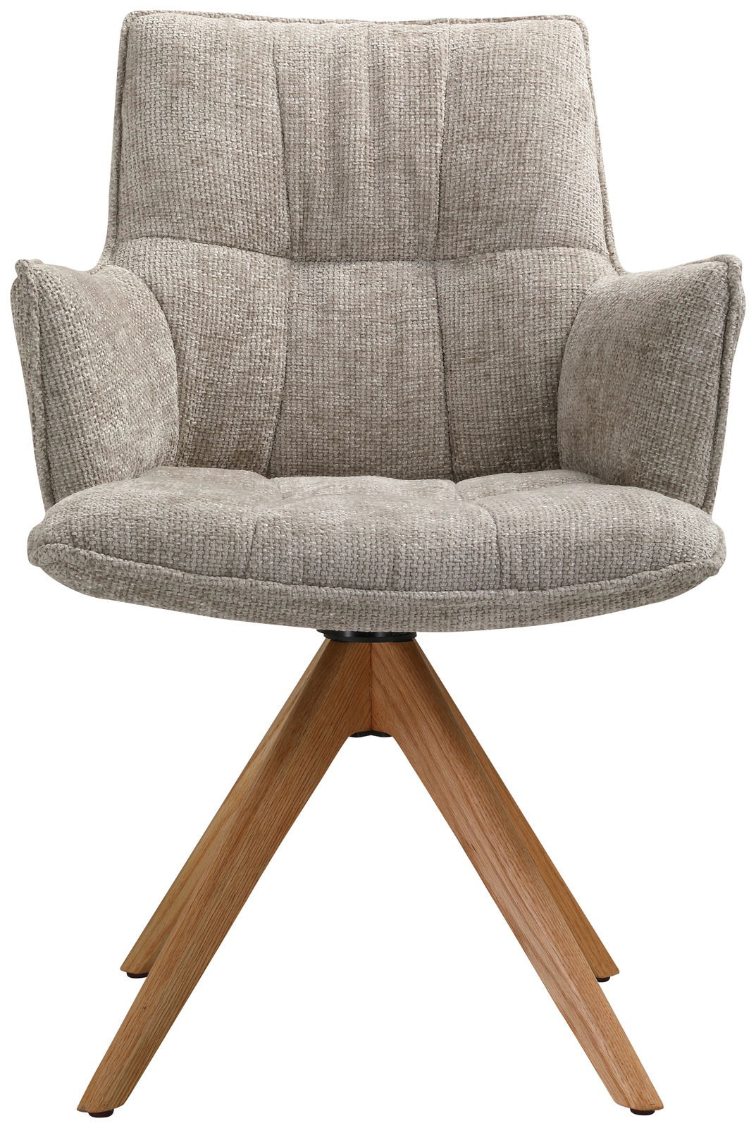 Moderner Sessel mit grauem Stoffbezug und Holzbeinen, Frontalansicht