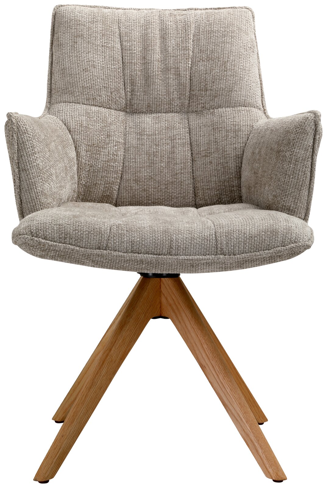 Moderne fauteuil met grijze stoffen bekleding en houten poten, vooraanzicht