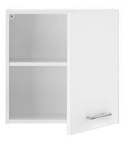 Weißer Hängeschrank mit einer offenen Tür, zwei Fächern und einem silbernen Griff, Frontalansicht