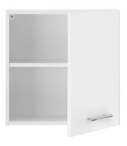 Weißer Hängeschrank mit einer offenen Tür, zwei Fächern und einem silbernen Griff, Frontalansicht