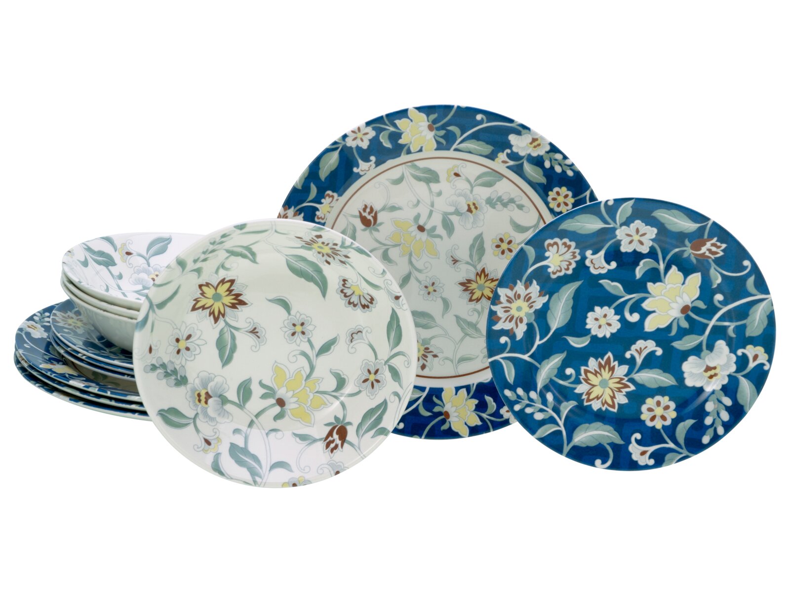 creaTable Tellerset 12-tlg ODESSA Florales Geschirrset mit Tellern und Schalen in Blau und Weiß, dekoriert mit Blumenmuster, in frontaler Studioansicht leicht schräg von vorne auf weißem Hintergrund