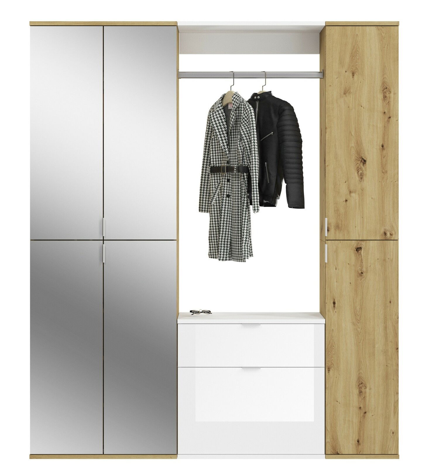 Garderobenkombination mit Spiegel- und Holztüren, Kleiderstange mit Mänteln, Frontalansicht
