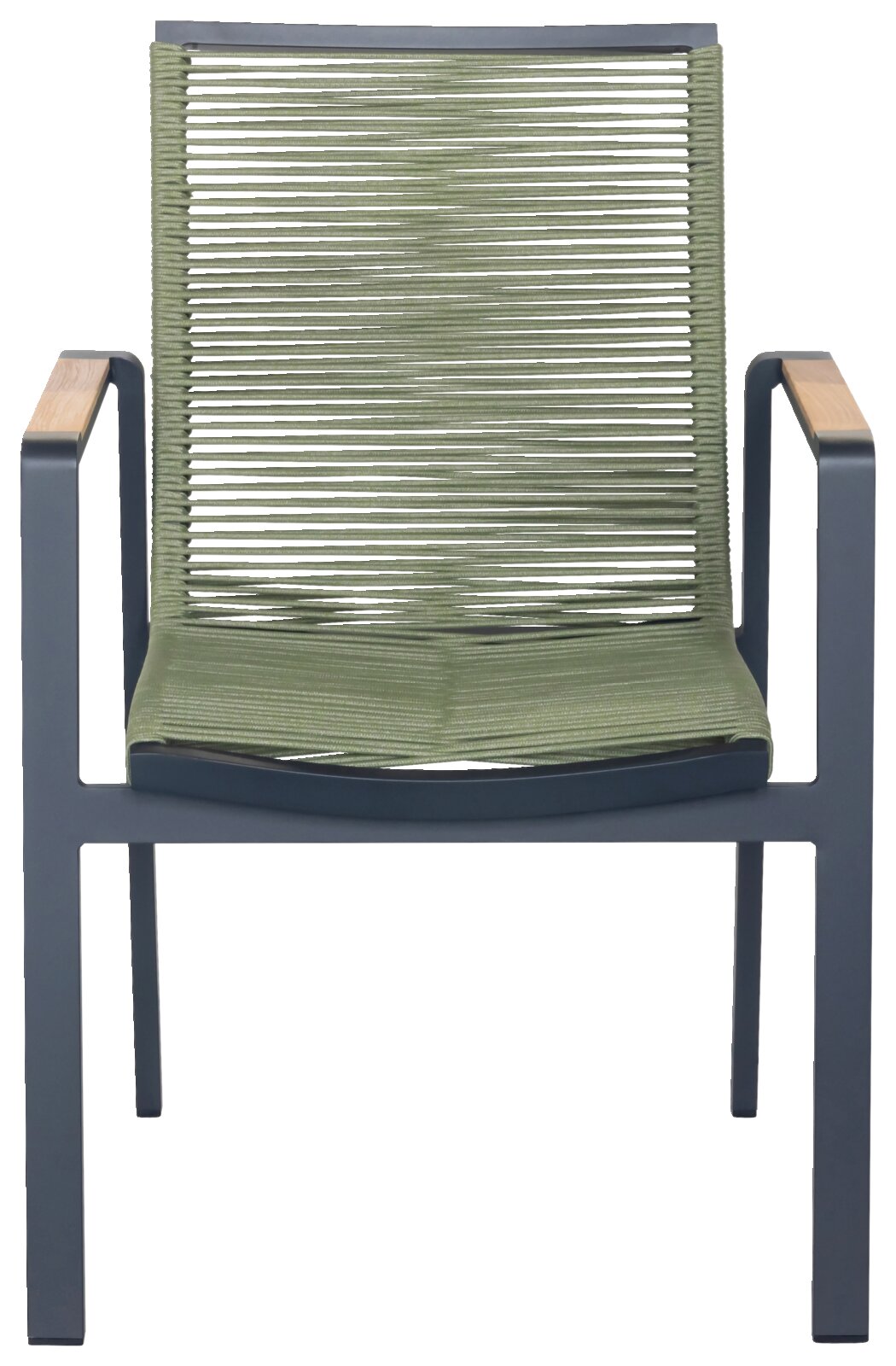 Moderner Stapelsessel mit grünem Seilgeflecht und Armlehnen aus Holz, Vorderansicht