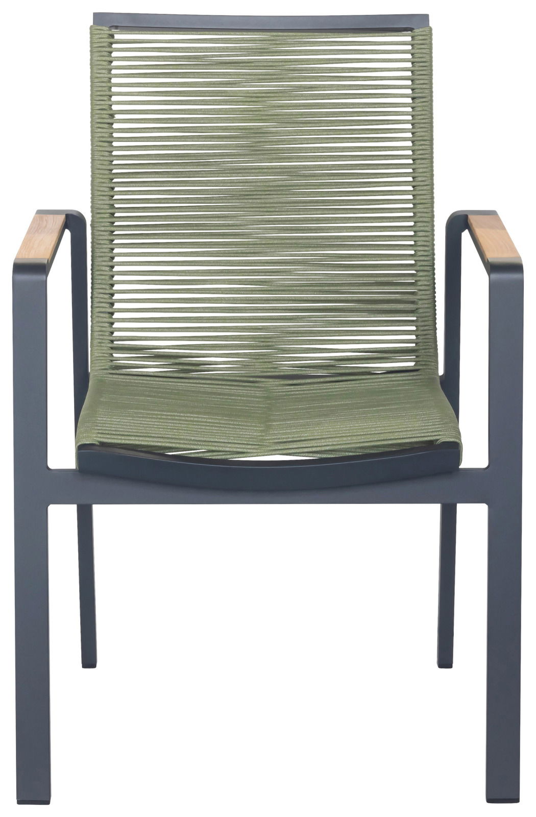 Moderner Stapelsessel mit grünem Seilgeflecht und Armlehnen aus Holz, Vorderansicht