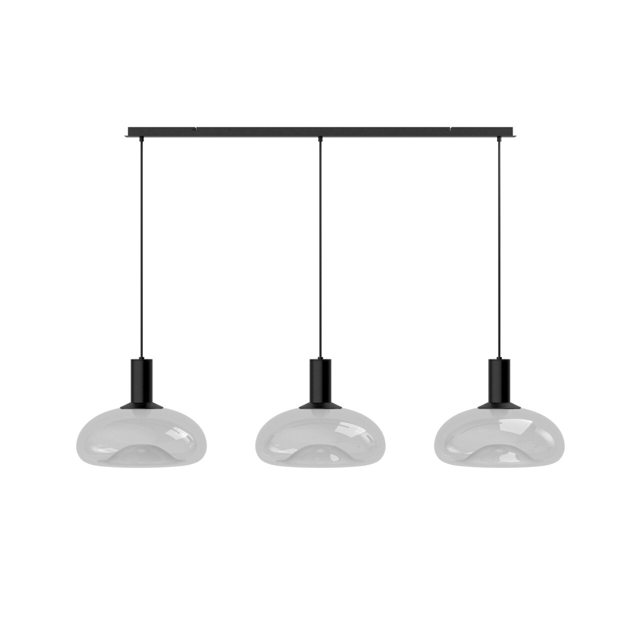 Moderne Hängeleuchte mit drei runden, weißen Glasschirmen, frontal betrachtet.