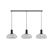 Moderne Hängeleuchte mit drei runden, weißen Glasschirmen, frontal betrachtet.