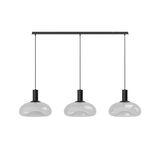 Moderne Hängeleuchte mit drei runden, weißen Glasschirmen, frontal betrachtet.