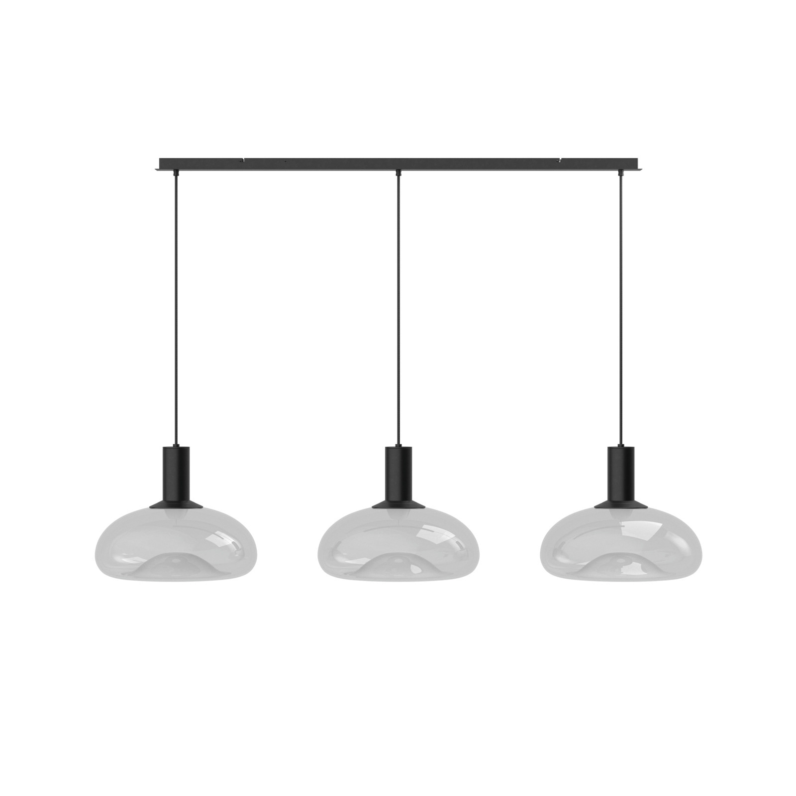 Moderne Hängeleuchte mit drei runden, weißen Glasschirmen, frontal betrachtet.