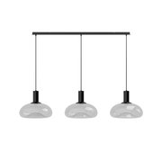 Moderne hanglamp met drie ronde, witte glazen kappen, gezien vanaf de voorkant.