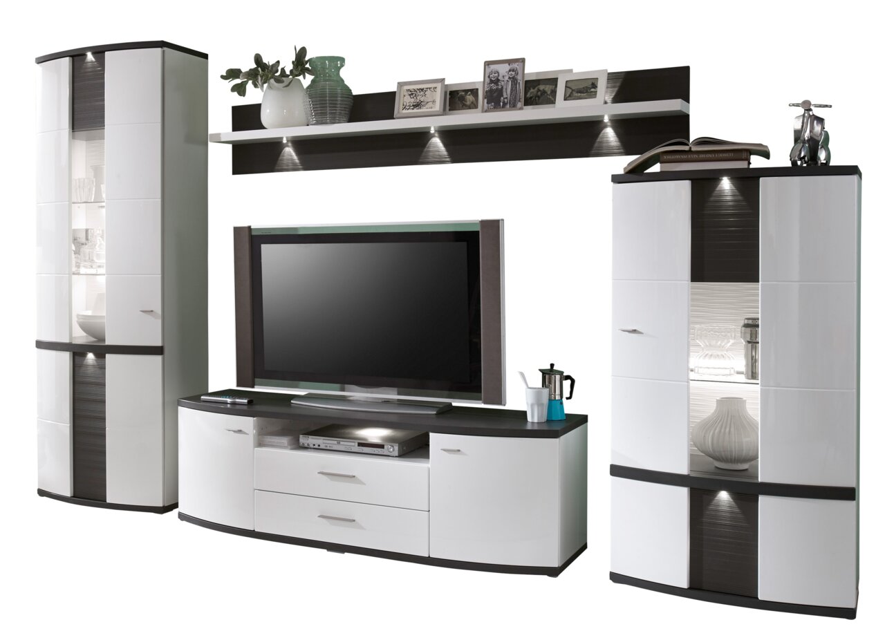 Zurbrüggen Wandkombination CABANA Moderne Wandkombination in Weiß und Schwarz mit TV-Schrank, zwei Vitrinen und einem Wandregal, frontal betrachtet.