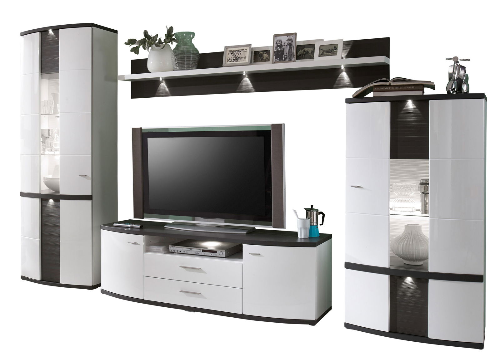 Zurbrüggen Wandkombination CABANA Moderne Wandkombination in Weiß und Schwarz mit TV-Schrank, zwei Vitrinen und einem Wandregal, frontal betrachtet.
