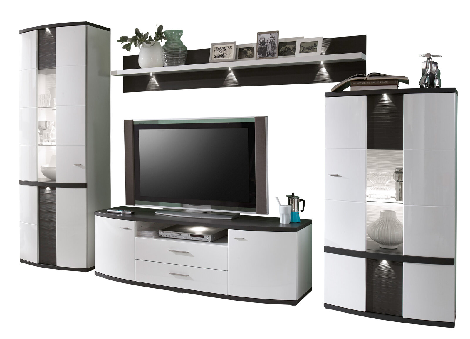 Moderne Wandkombination in Weiß und Schwarz mit TV-Schrank, zwei Vitrinen und einem Wandregal, frontal betrachtet.