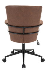 Rückansicht eines braunen Drehstuhls mit schwarzem Metallrahmen und Rollen