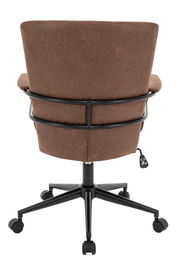 Rückansicht eines braunen Drehstuhls mit schwarzem Metallrahmen und Rollen