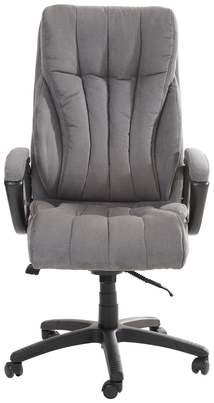 Grauer Chefsessel mit gepolsterter Rückenlehne und Armlehnen, Vorderansicht