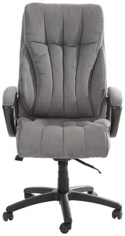 Grauer Chefsessel mit gepolsterter Rückenlehne und Armlehnen, Vorderansicht