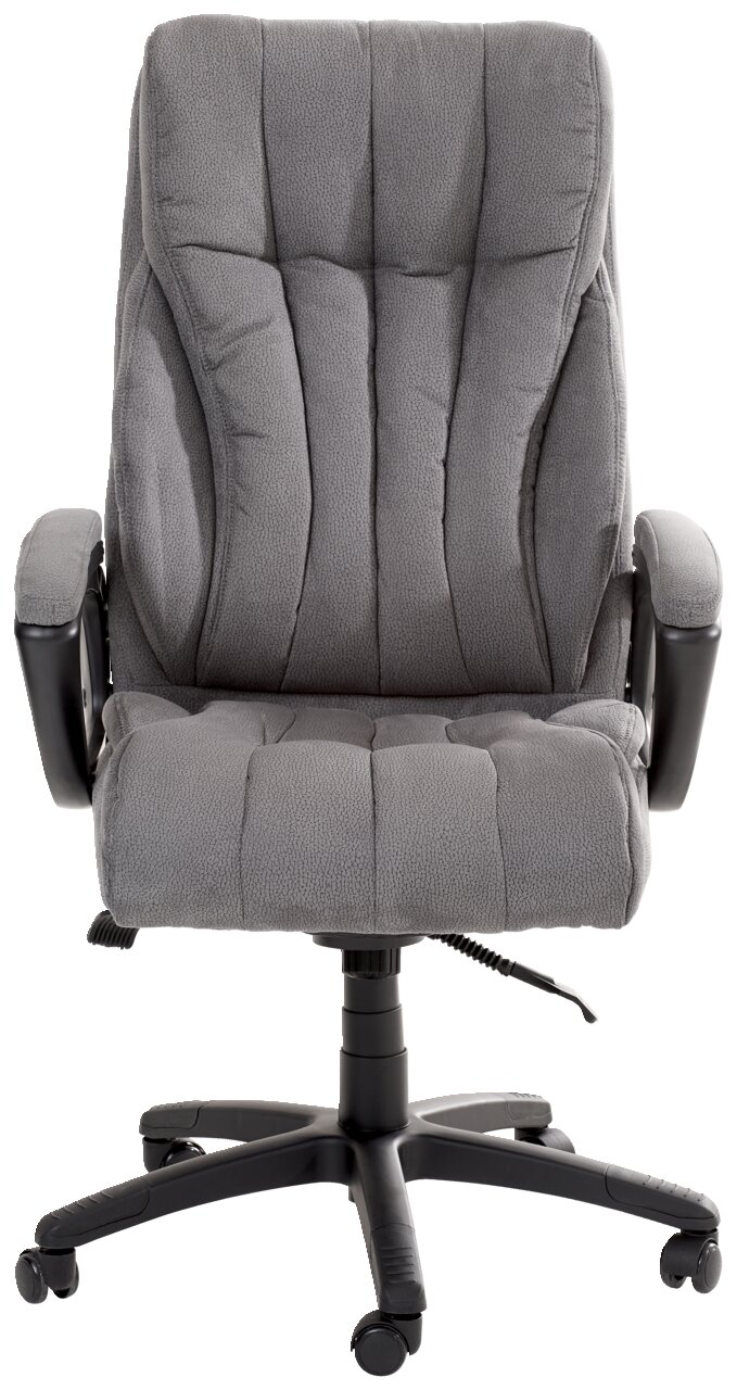 Grauer Chefsessel mit gepolsterter Rückenlehne und Armlehnen, Vorderansicht