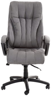Grauer Chefsessel mit gepolsterter Rückenlehne und Armlehnen, Vorderansicht