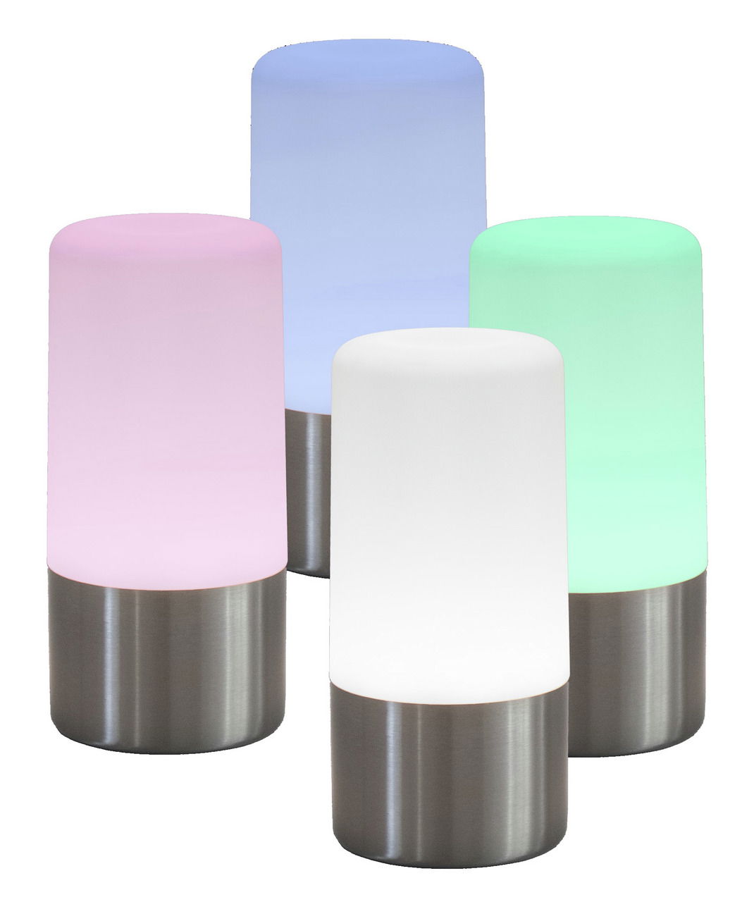 Vier Akku-Tischleuchten MAIA in verschiedenen Farben (blau, pink, grün, weiß) mit metallischem Sockel, aus der Vorderansicht fotografiert.