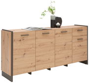 Kommode aus Holz mit vier Türen und einer Schublade, dekoriert mit Pflanzen und Vasen, seitliche Perspektive