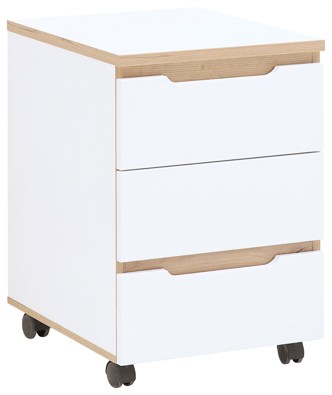 Rollcontainer mit drei Schubladen, weiß mit Holzdetails, auf Rollen, seitliche Perspektive