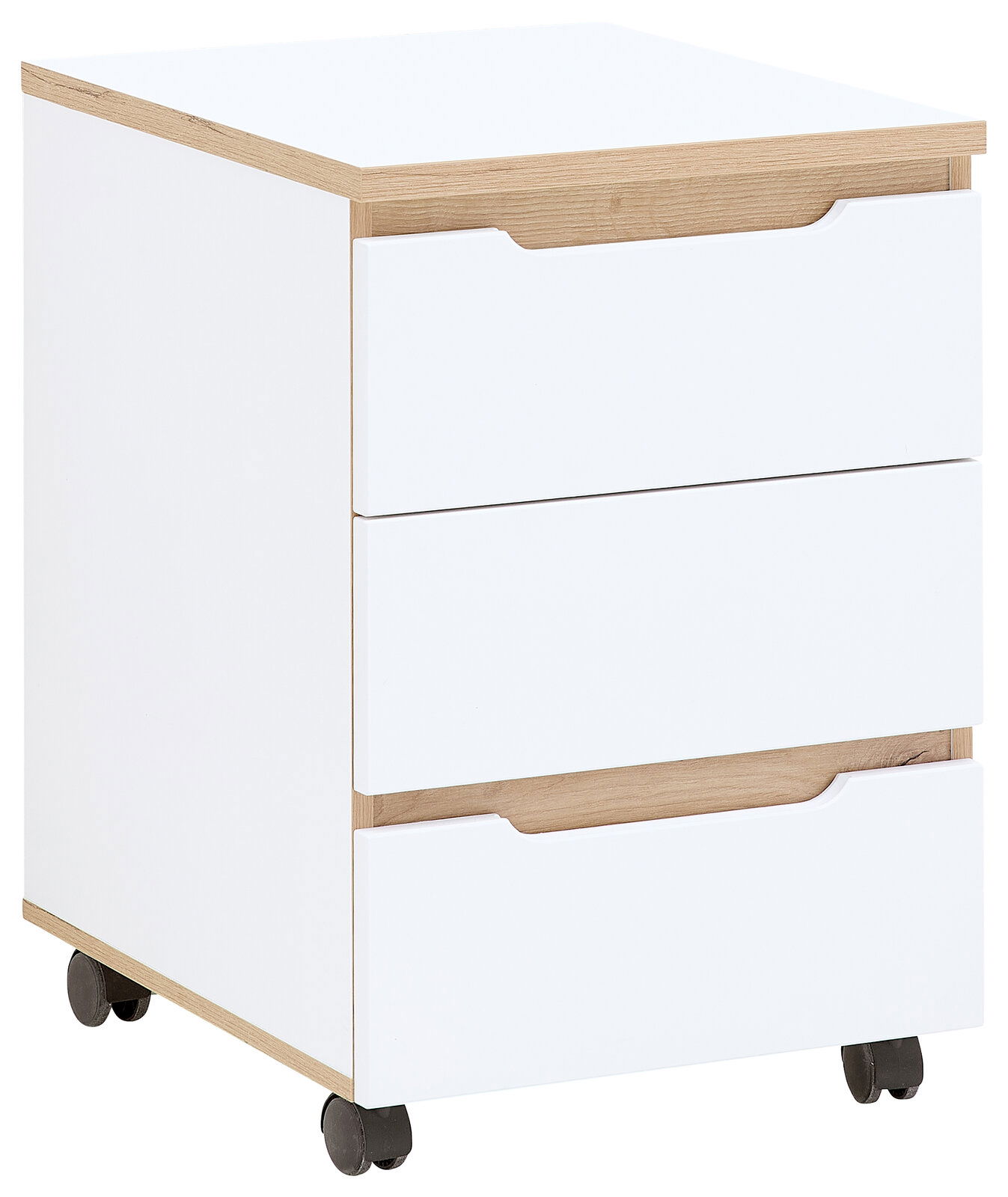 Rollcontainer mit drei Schubladen, weiß mit Holzdetails, auf Rollen, seitliche Perspektive