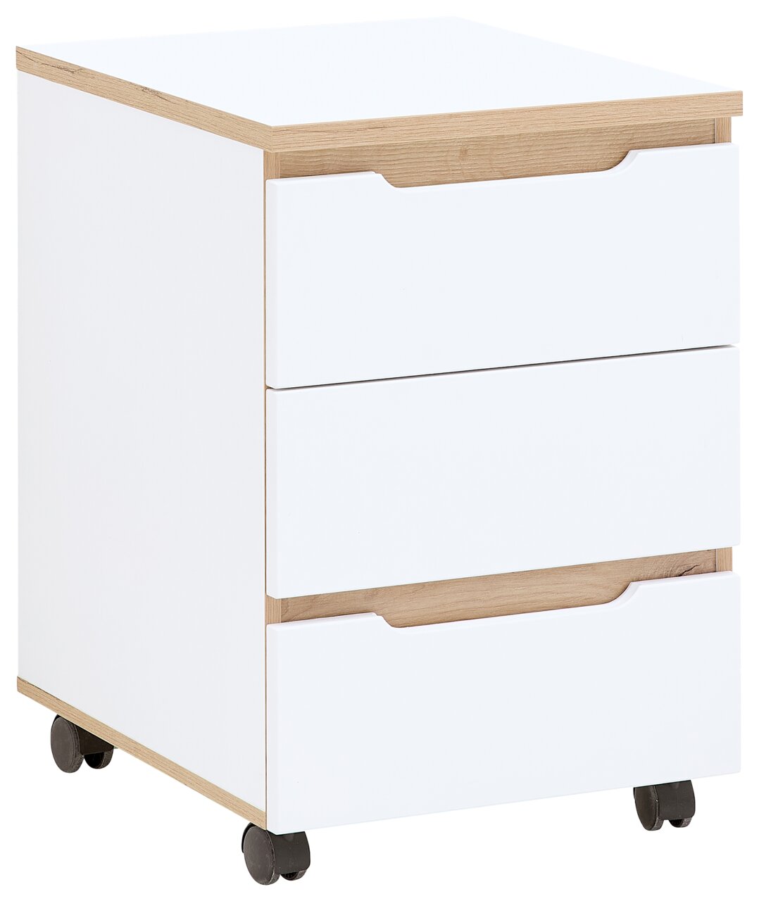 Rollcontainer mit drei Schubladen, weiß mit Holzdetails, auf Rollen, seitliche Perspektive