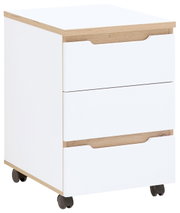 Rollcontainer mit drei Schubladen, weiß mit Holzdetails, auf Rollen, seitliche Perspektive