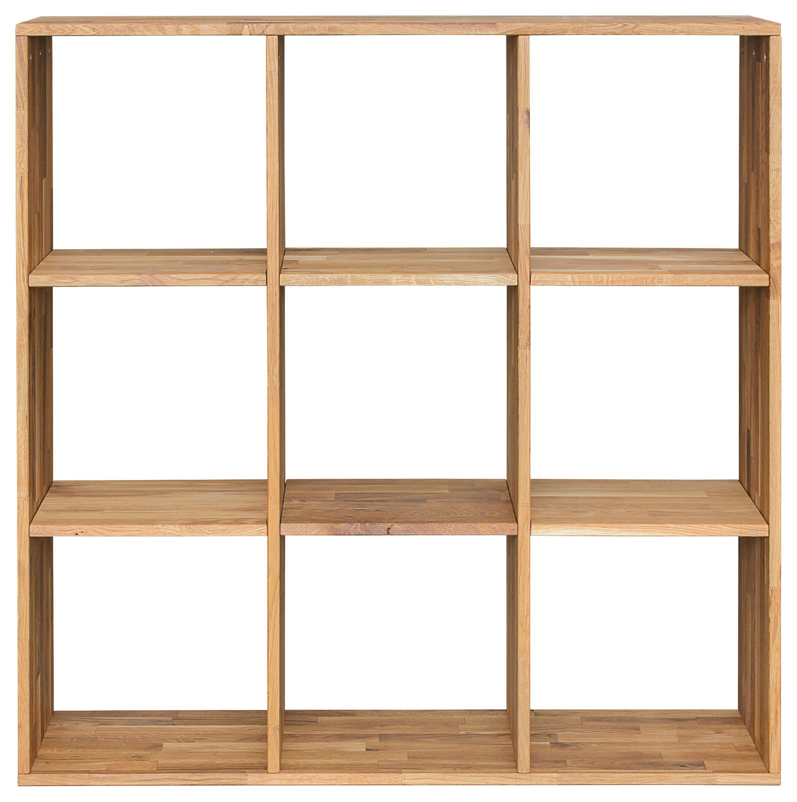 Holzregal mit 3x3 Fächern, frontale Ansicht