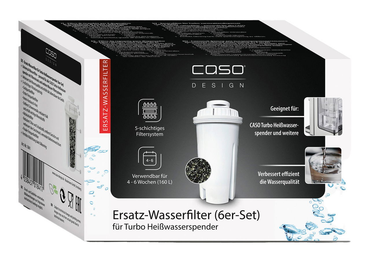 Ersatz-Wasserfilter 6er-Set für Turbo Heißwasserspender, perspektivische Ansicht der Verpackung mit Filterabbildung und Produktinformationen.