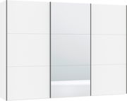 Moderner Schwebetürenschrank mit drei Türen, mittlere Tür mit Spiegel, Frontansicht.